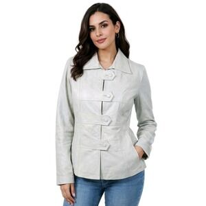 Laredo Women's Sz 10/ Med Leather Button Up Jacket Cropped Off White Vtg